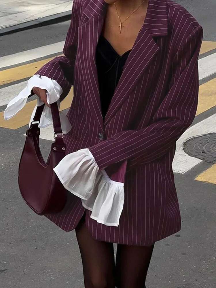 Ruffle Patchwork Striped Women's Blazer Fashion Loose Wine Red Long Sleeve Single Breasted Suit Jacket Elegant Streetwear