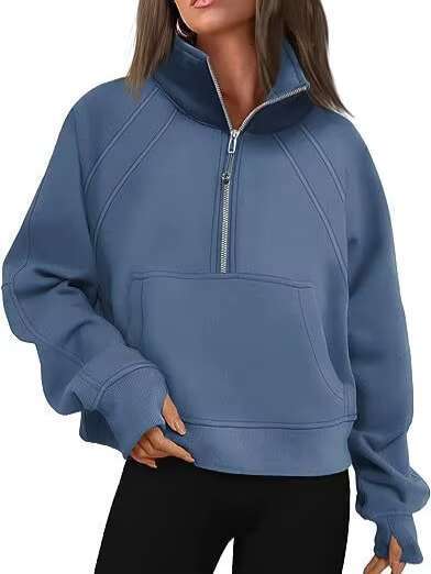 New Autumn And Winter Women's Sweatshirts Half Zipper Short Hoodie Stand Collar Plus Fleece Solid Color Hoodies Custom Wholesale