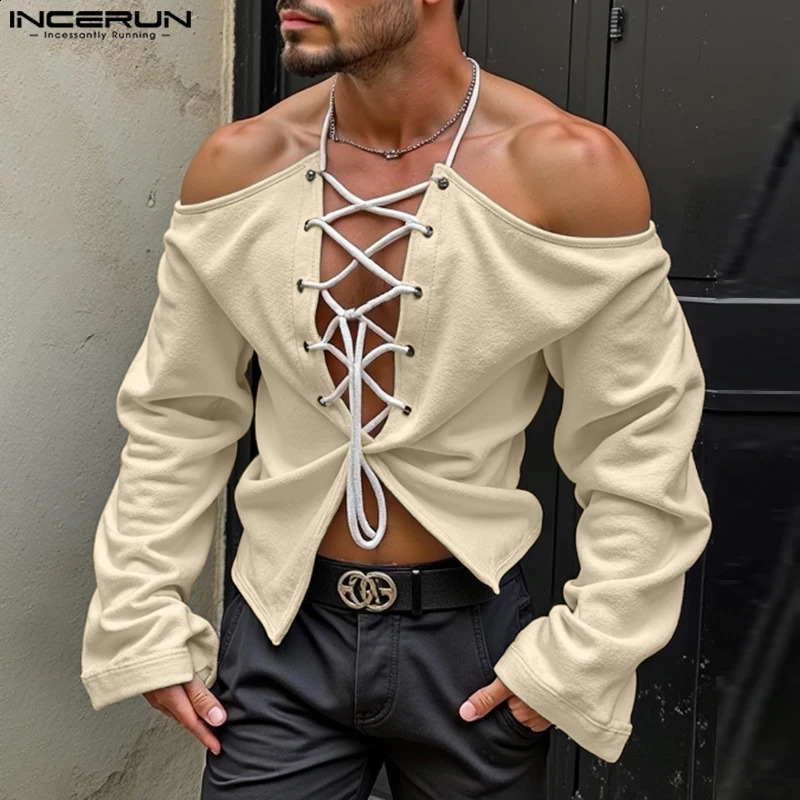 Fashion Casual Style Tops INCERUN Men Double-sided Strap Hanging Neck T-shirt Sexy Male Shoulder Long Sleeved Camiseta S-5XL 250226
