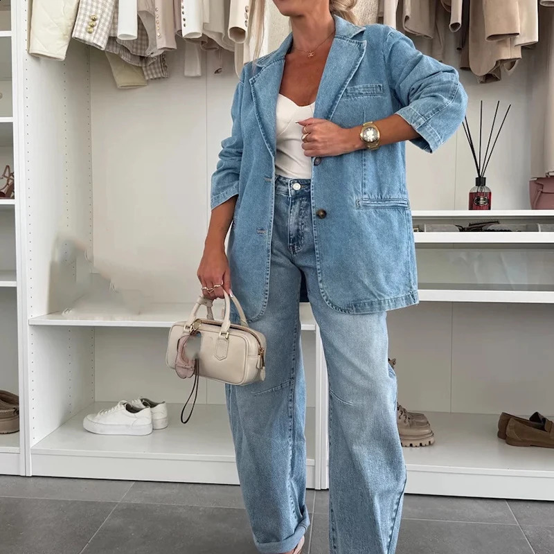 Ladies Fashion Single Breasted Loose Outerwear Spring Women Lapel Blazer Jacket Casual Long Sleeved Pocket Denim Coat 250228