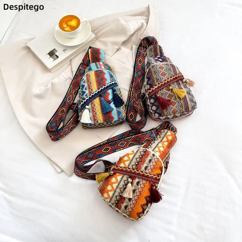Vintage Ethnic Style Colorful Crossbody Bag Fashion Woven Tassel Shoulder Trendy Simple Chest Women Girls Coin Purse 250227