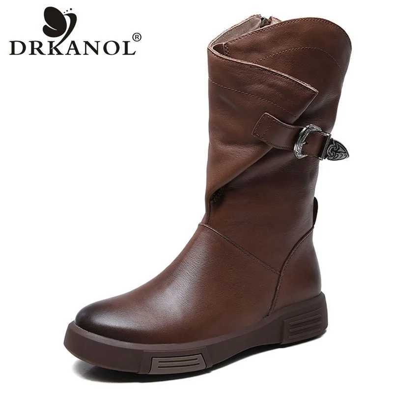 DRKANOL 2024 Luxury Design Genuine Cowboy Leather Mid calf Boots Womens Flat Side Zipper Round Toes Autumn Warm Knight Boots Z250303