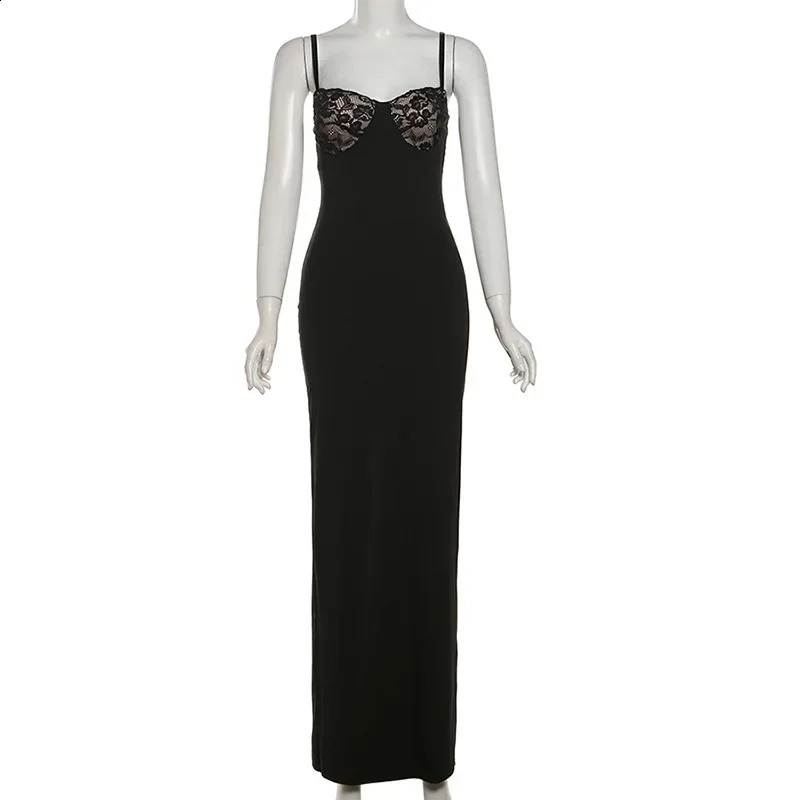 Lace Decoration Sexy Backless Party Club Birthday Maxi Y2K Womens Summer Dress Sleeveless Body Split Long 250228