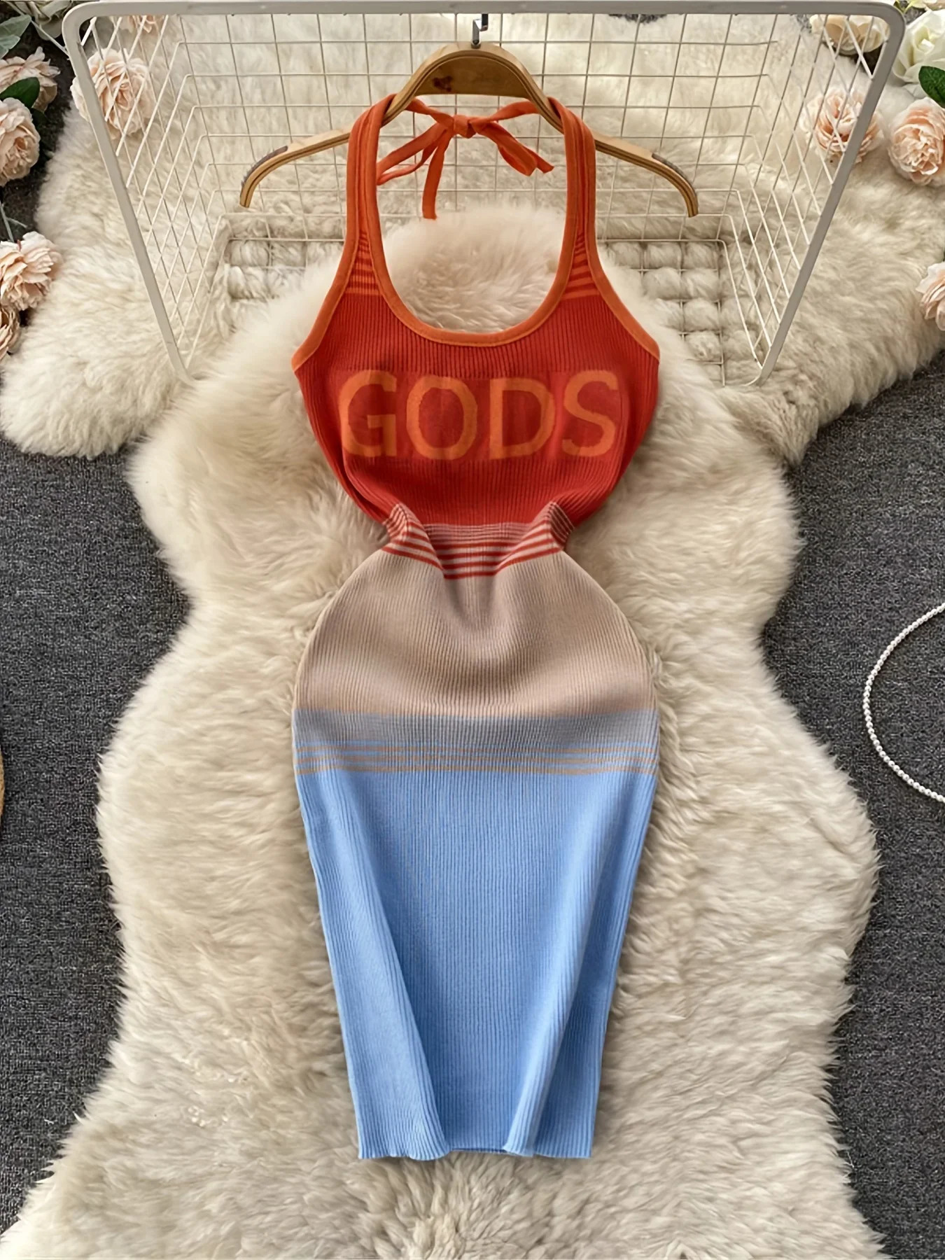 2024 Womens Colorful Cube Strap Dress Sexy No Back SpringSummer Short Skirt 250227Z