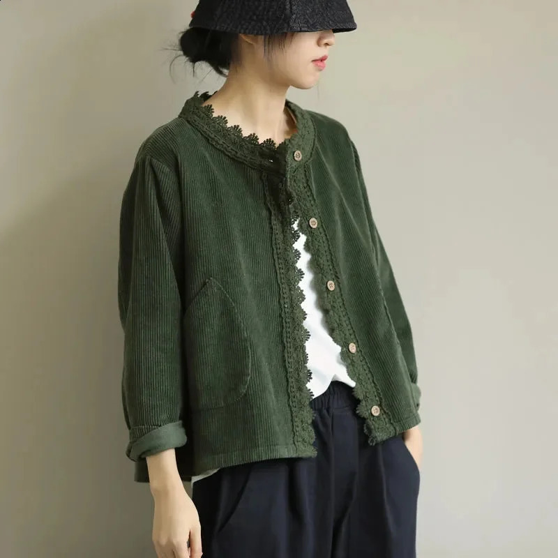 Loose Literary Longsleeved Round Neck Womens Jacket Spring Solid Color Corduroy Lace Allmatch Short Stitching 250228