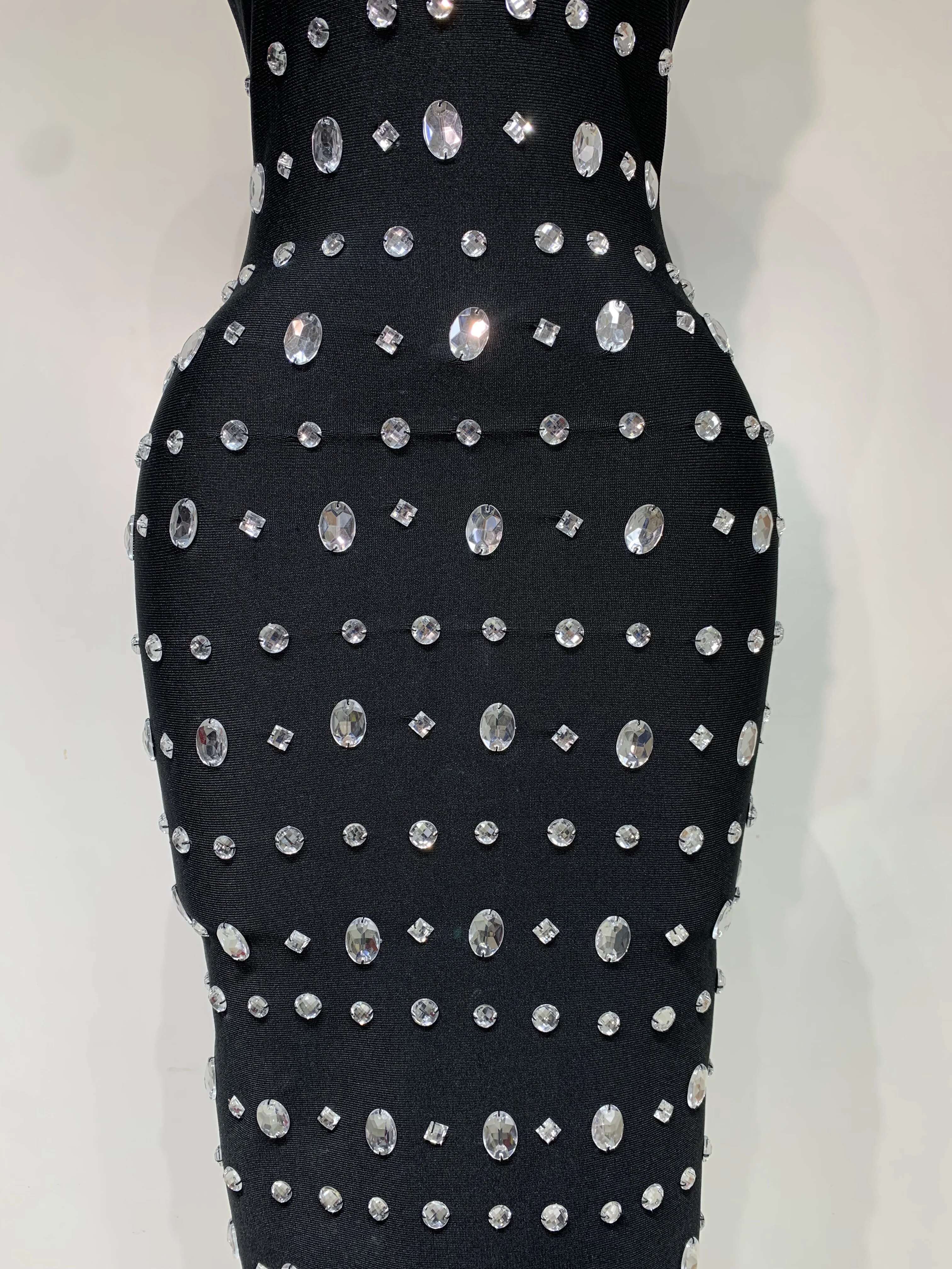 Newest 2025 Fashion Designer Women's Rhie Beaded Elastic Bodycon Bandage Maxi Long Dress Elegant Birthday Outfit