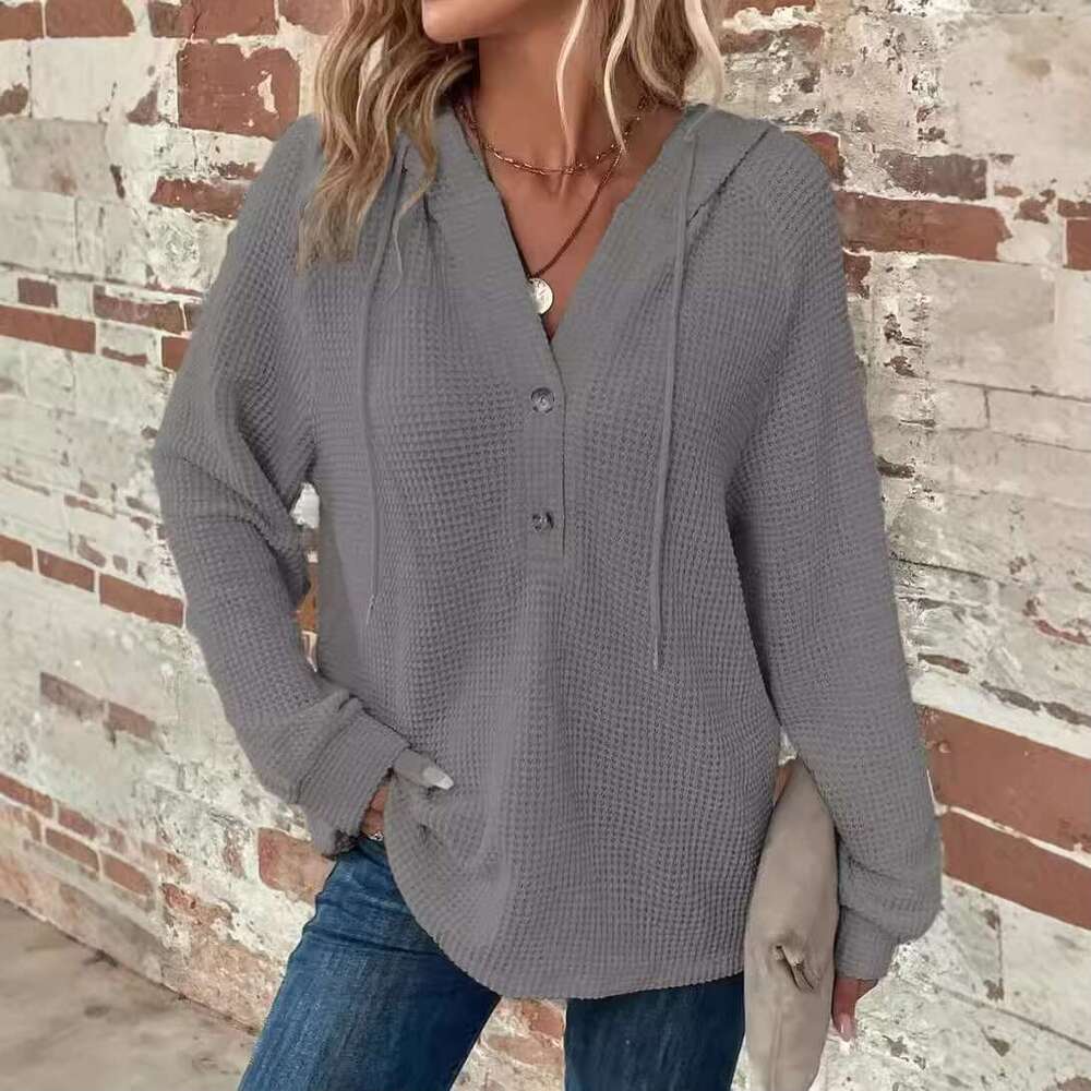 Women's Waffle Grid Knitting Hoodie V-Neck Long Sleeves Pullover Casual Sweatshirt