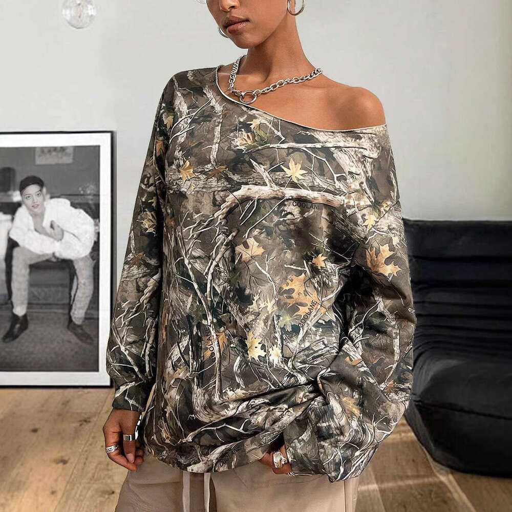 Autumn camouflage sloping collar loose long sleeved maple leaf print trendy fashion versatile top women's clothing
