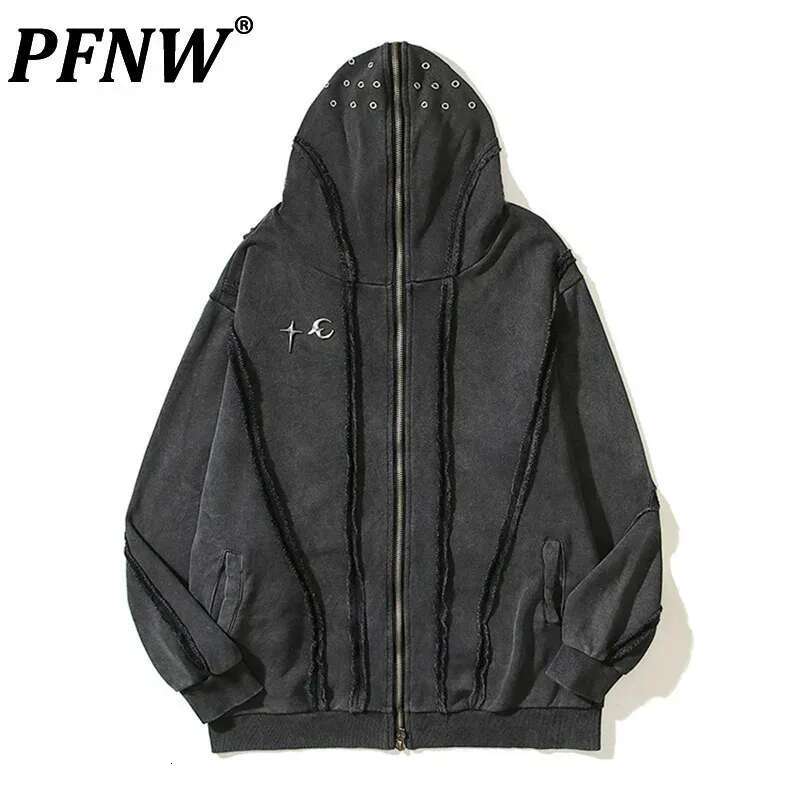 PFNW Washed Printed Zipper Design Sweatershirt Male Spliced Hooded Cardigan Short Clothing Men's Trendy Tops 2025 New 28W5071