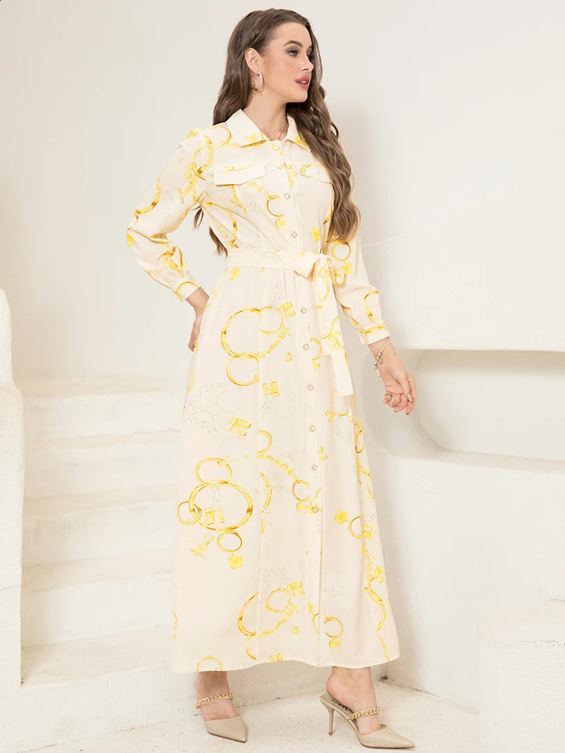Elegant Long ShirtSleeve Dress with Chain Print n Belt Pocket Sophisticated Collared Neck Button Details 250228
