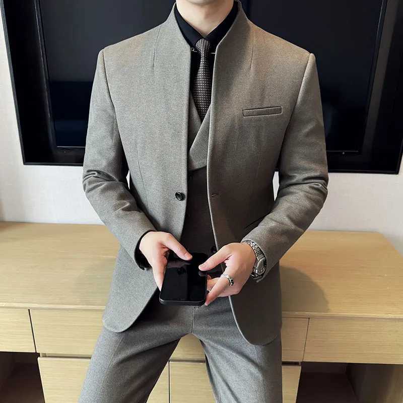 Korean Style Mens Suit Set Slim Fit Business Suit Wool Blazer Three Piece Set Elegant Social Formal Mens Clothing 5XL-M M250303