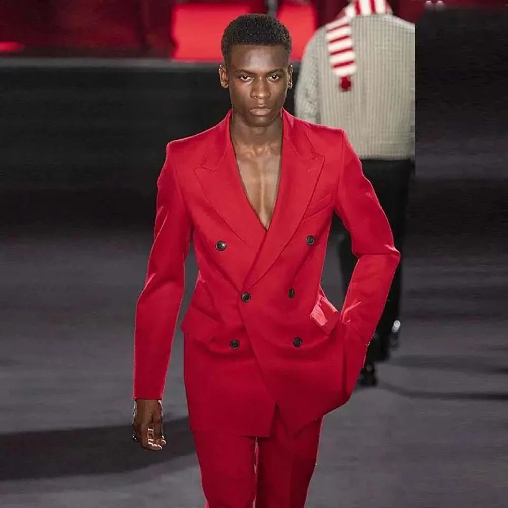 Red Men Suit TwopiecesJacketPants Handsome Highquality Double Breasted Lapel Male Clothing costume homme 250224Z