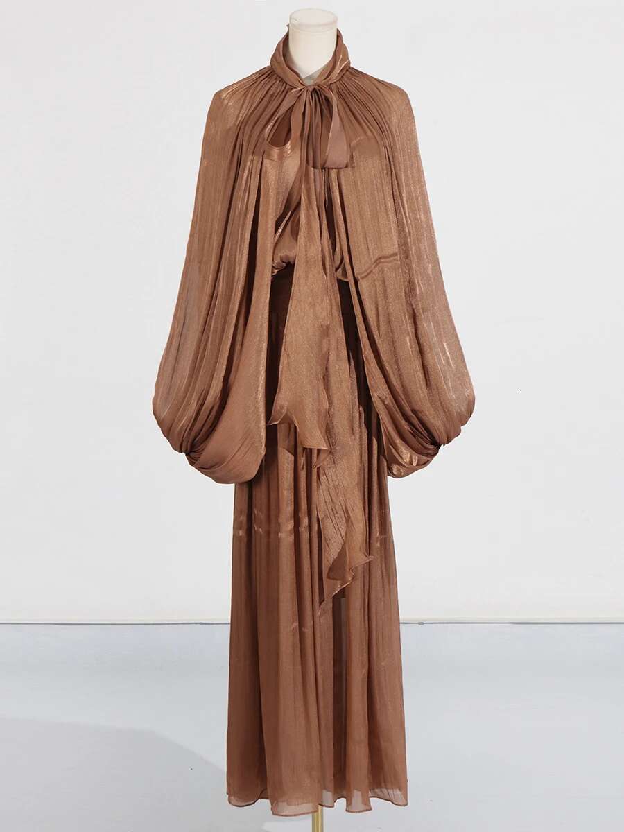 VGH Minimalist Spliced Folds Maxi Dresses For Women Scarf Collar Lantern Sleeve Loose Waist Casual Temperament Dress Female New