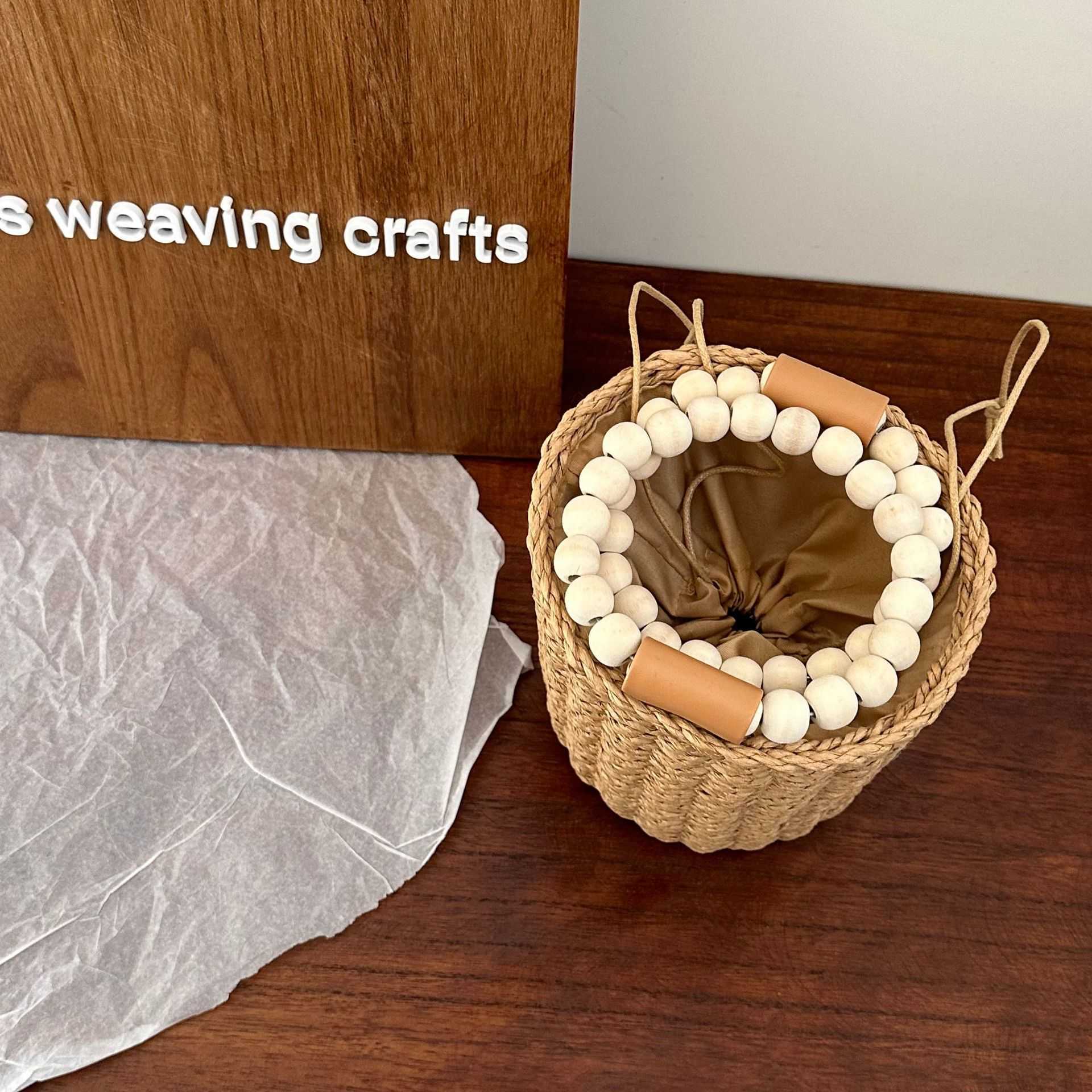 Fashionable small fresh cylindrical bag, paper rope woven bag, forest series hand-held bucket bag, casual drawstring beach bag, women's bag