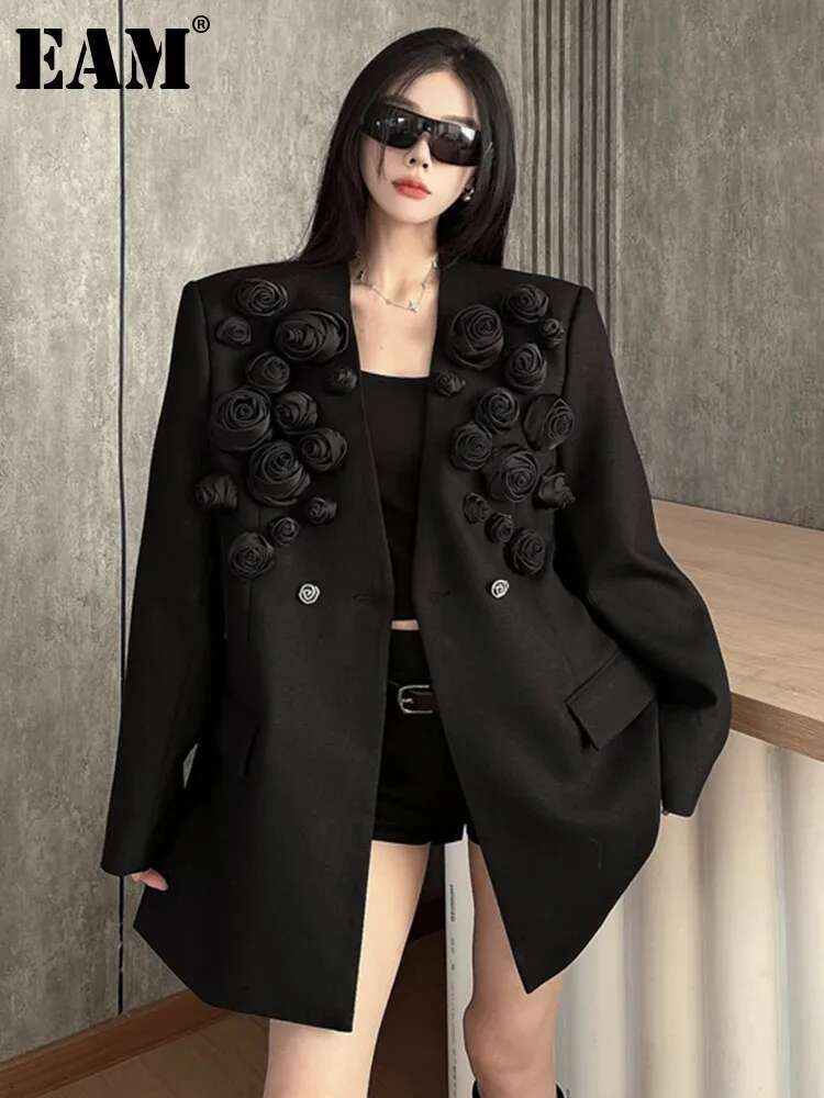 EAM Women Black Big Size 3D Roses Blazer New Lapel Long Sleeve Loose Fit Jacket Fashion Tide Spring Autumn 2025 30A3059