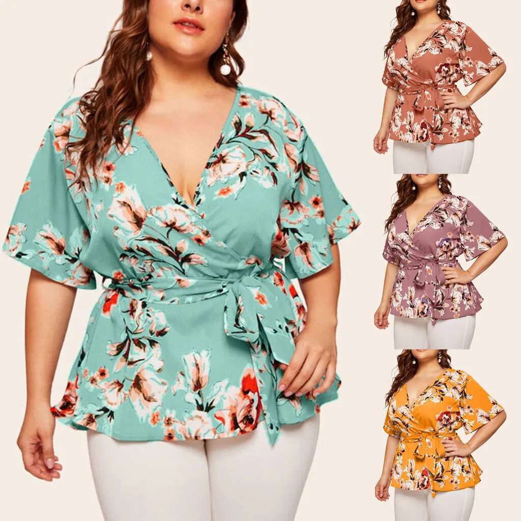 Edressu 2022 Plus Size Women Chiffon Blouse Print V Neck Shirt Tops Casual Office Lady Wear Kym-802