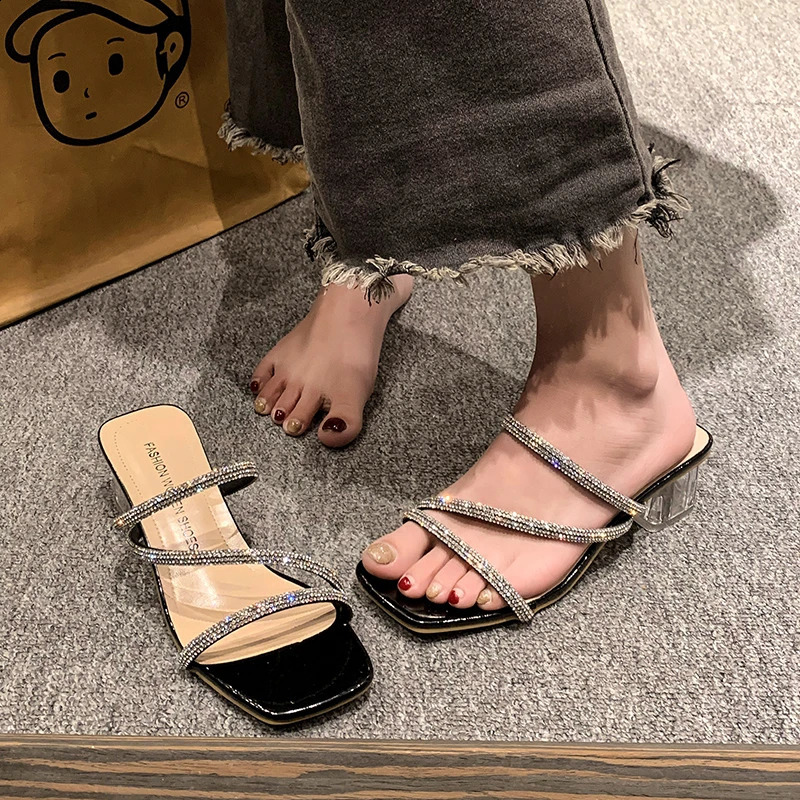 Diamond sandals womens shoes summer trend square toe crystal heel slider simple shiny skiing vacation 250228