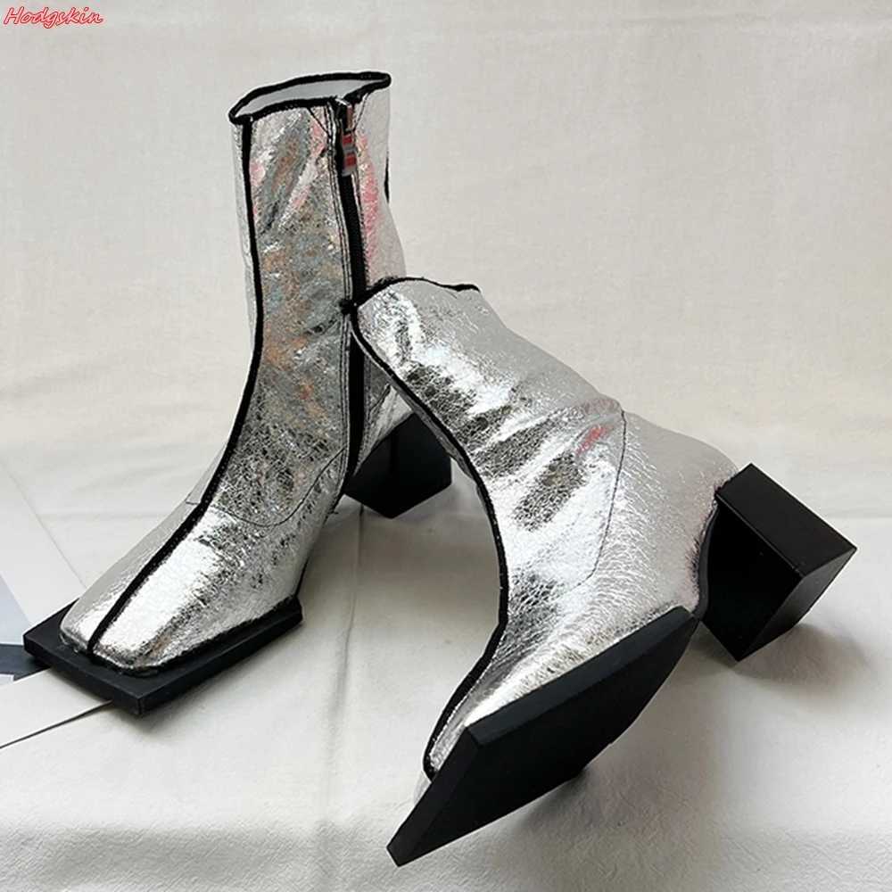 Design square heel sewn short boots autumn and winter side zipper ankle boots novel thick boots increased height short boots Z250303