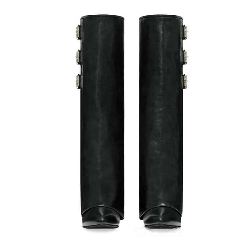 Black belt buckle sliding wedge Trouser womens winter 2024 red dot toe mid calf boots fashionable luxury womens shoes Z250303
