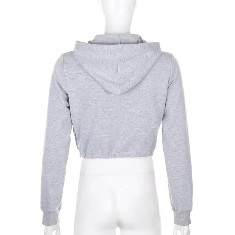 Foreign Trade Solid Color Zipper Trendy Crop Top, Women's Tracksuit Hoodie With Custom