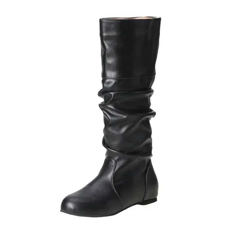 2025 New Women Flat Boots Fashion Pleated Leather Boots Autumn Winter Slip on Mid-Calf Shoes for Women Brand Designer High Boots Z250303