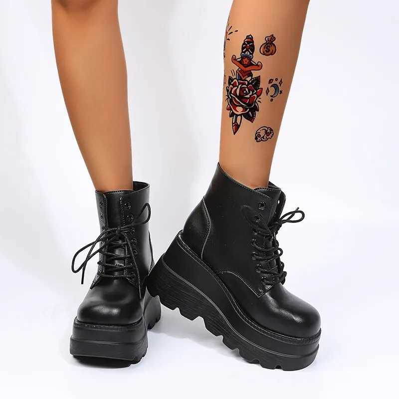 Womens boots high thick sole winter sloping heel lace ankle boots womens shoes glossy black glossy black Z250303