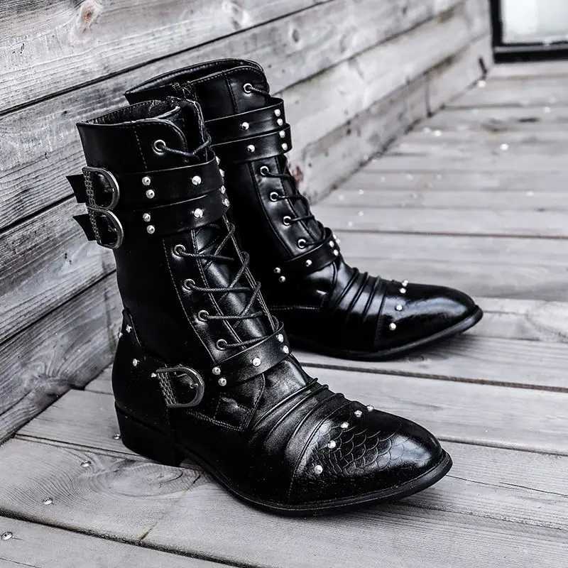 Black mens long boots for autumn and winter high fashion British boots with high bucket corners fashionable rivets mens boots Z250303