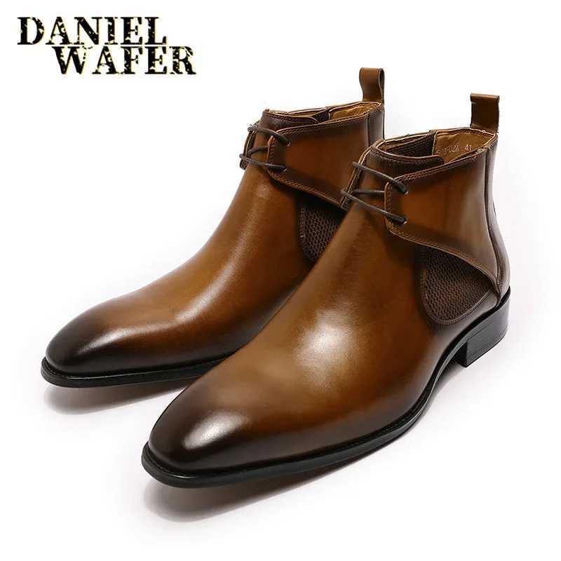 Luxury brand mens Chelsea boots black and brown angular toes handmade genuine leather lace wedding office mens business boots Z250303