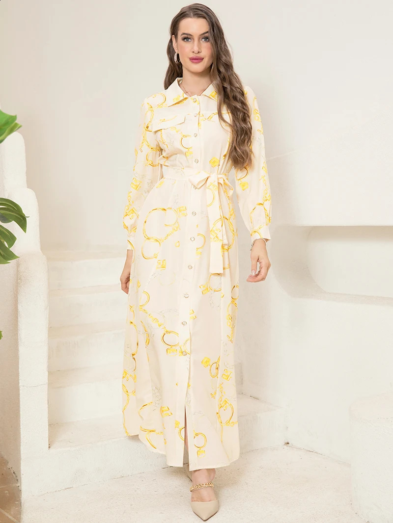 Elegant Long ShirtSleeve Dress with Chain Print n Belt Pocket Sophisticated Collared Neck Button Details 250228