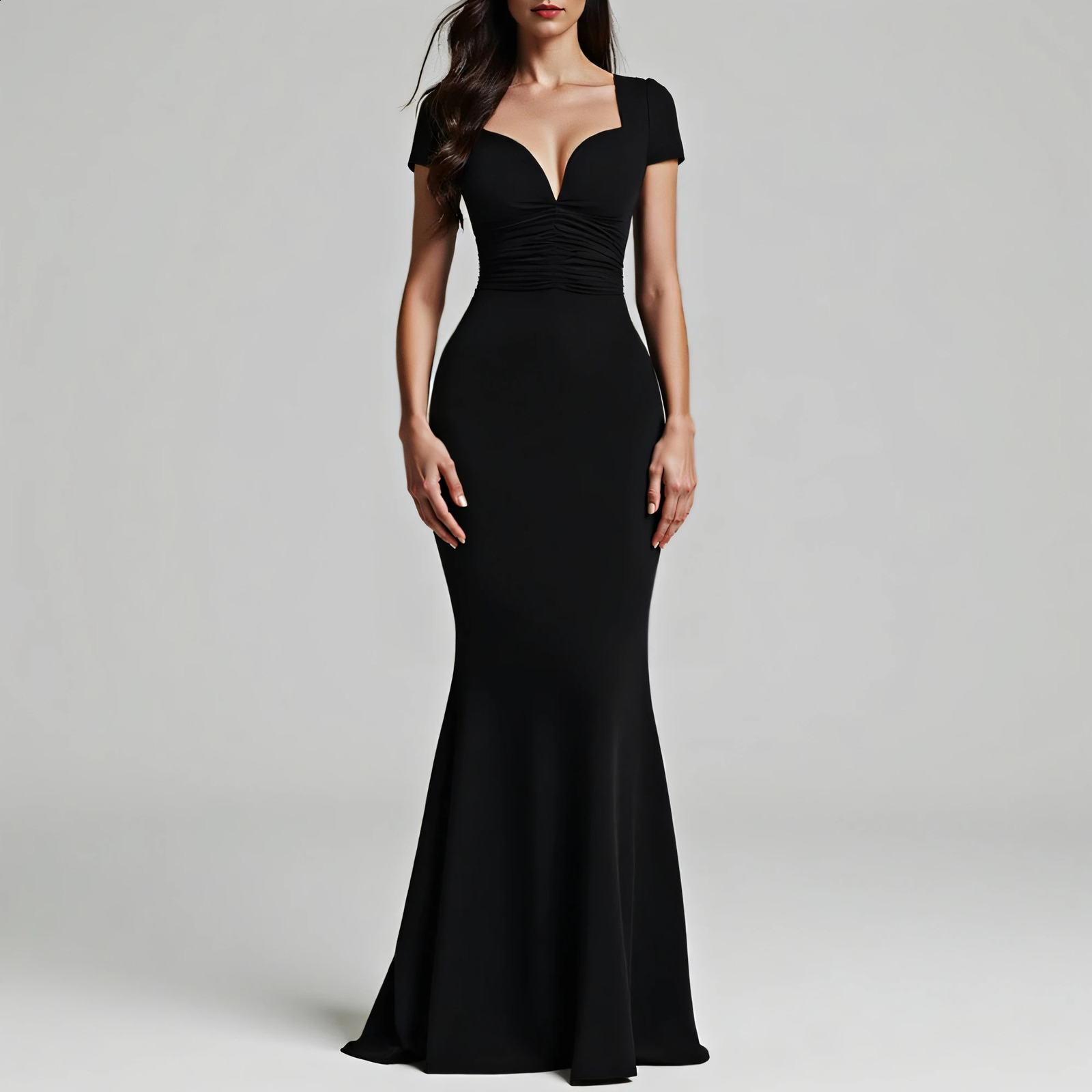 Mia Muse Womens Four Seasons Party Elegant Solid Color Short Sleeve Pendant Neck Maxi Trumpet Anniversary Dress 250228