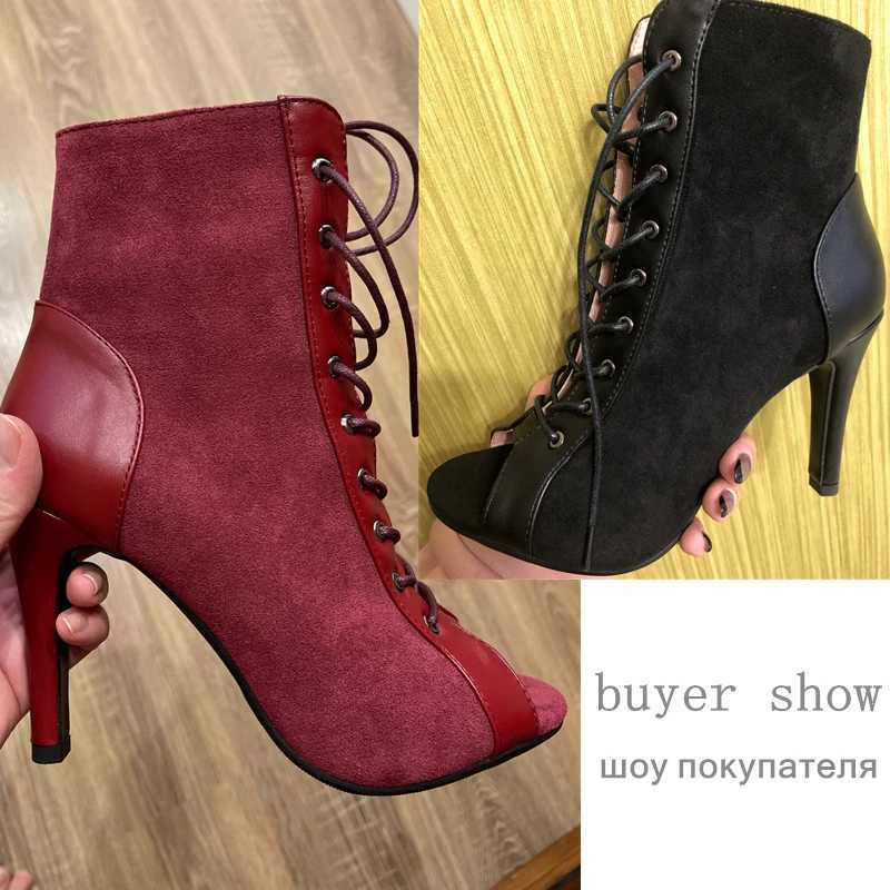 Black Summer High Heels Ankle Boots For Women 2025 Spring Peep Toe Lace Up Pumps Party Jazz Dance Shoes Suede Ladies Large Size Z250303