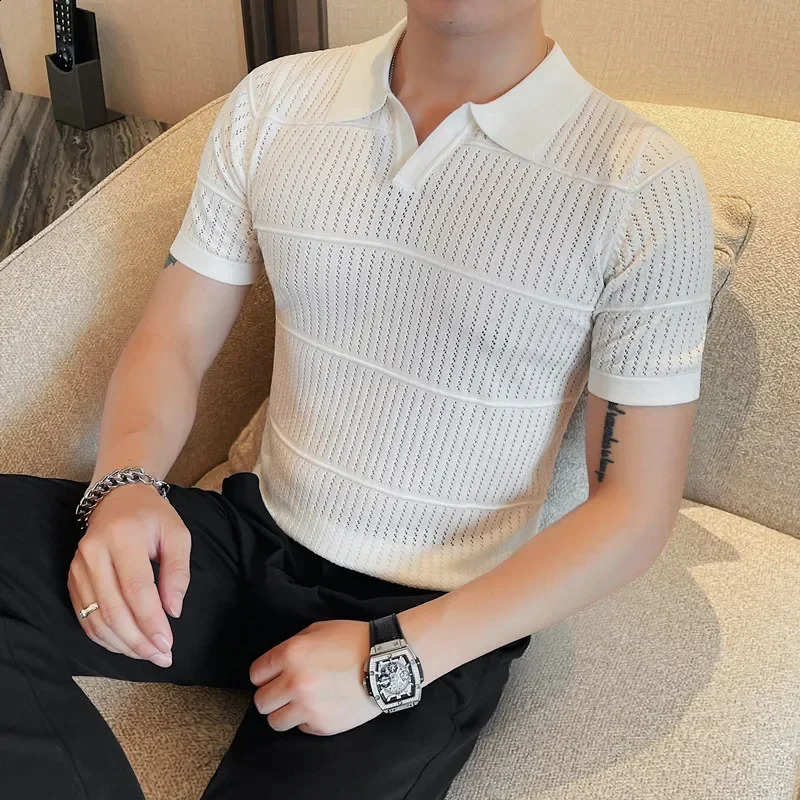 Short sleeved polo shirt mens summer style hollow collar half sleeved T-shirt fashionable short sleeved sweater weight loss gray top 250226