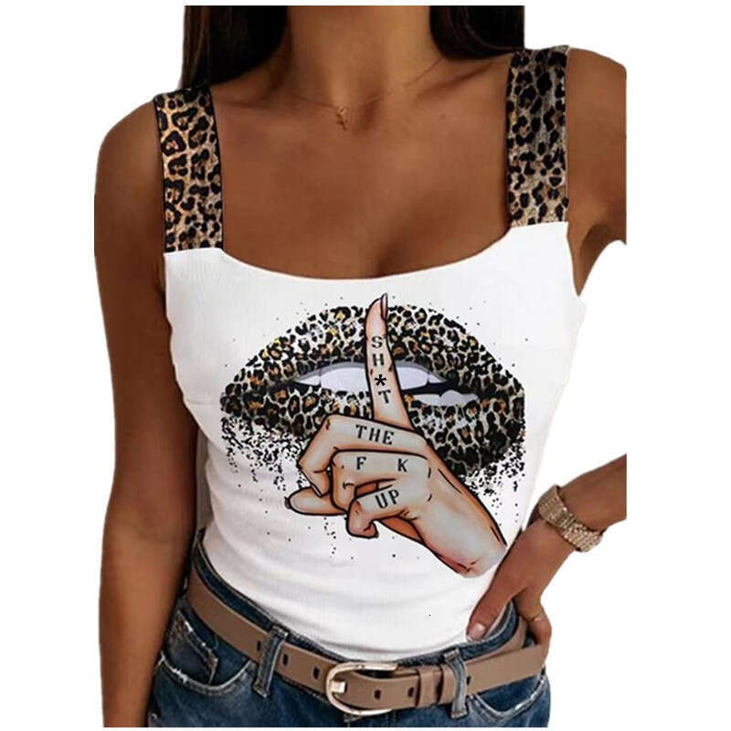 Women's Sexy Tank Leopard Lips Print Crop Fashion Party Club Summer Sleeveless Streetwear Bustier Tops