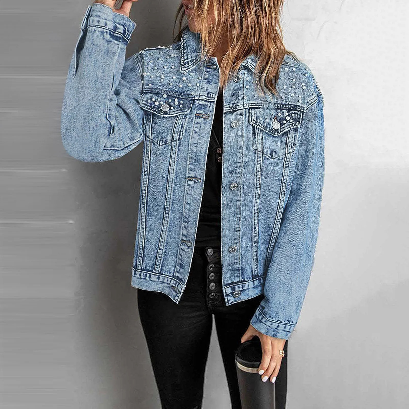 Womens Pearls Denim Jackets Autumn Beaded Casual ed Jean Coat for Women Outerwear Lapel Short Casaco 250228