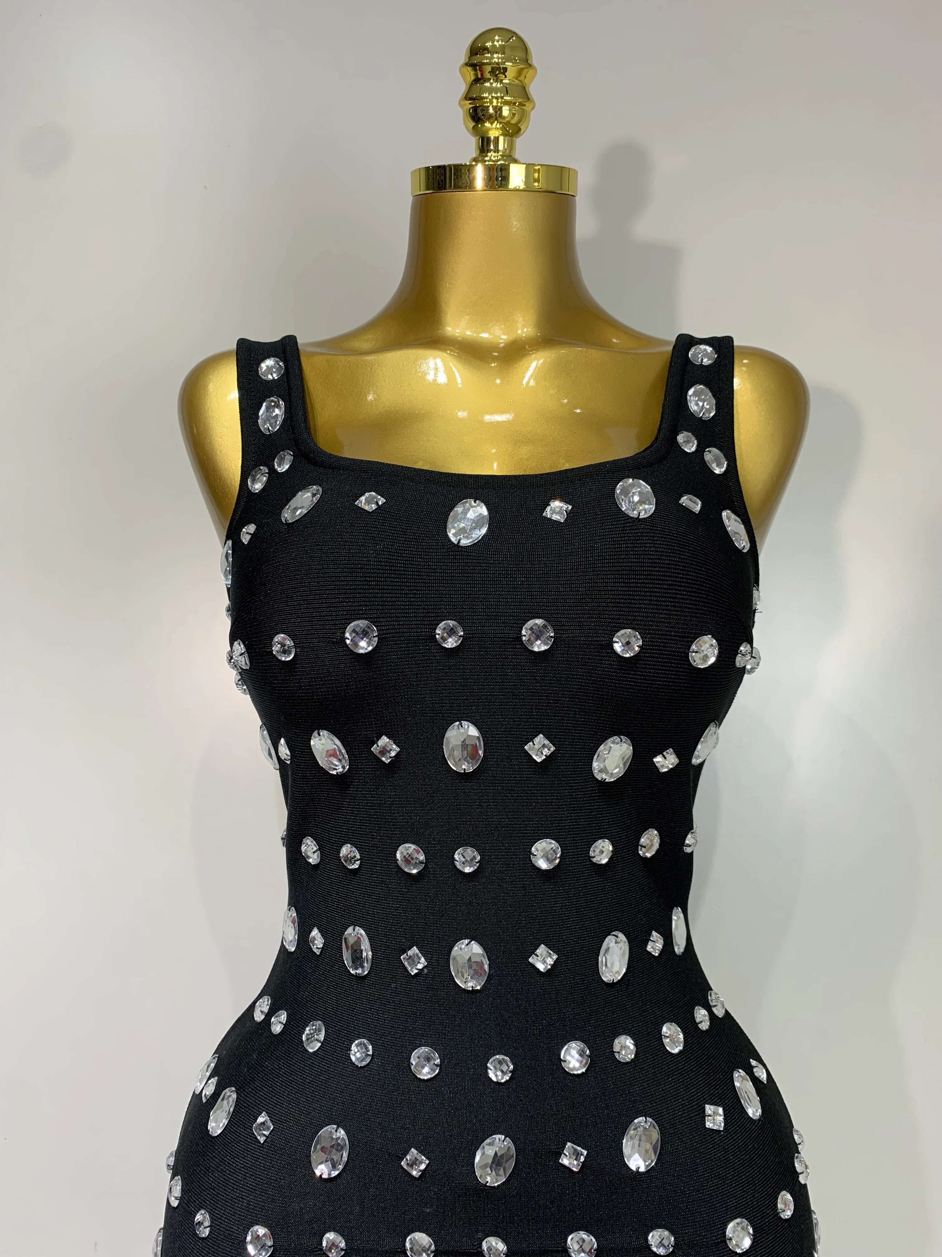 Newest 2025 Fashion Designer Women's Rhie Beaded Elastic Bodycon Bandage Maxi Long Dress Elegant Birthday Outfit