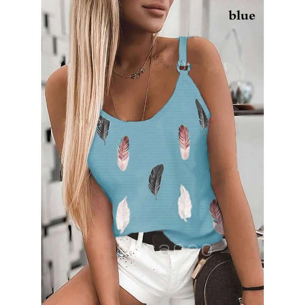 Women Wear 2025 New Pattern Fashion T-Shirt Summer Casual Feather Print Sleeveless Tank Tops Camisole Coat