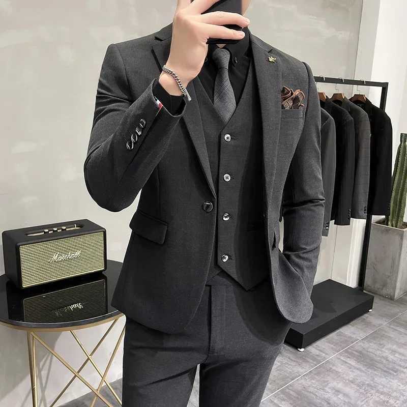 (Jacket+Tank Top+Pants) High end Brand Boutique Fashion Solid Color Mens Casual Business Set 3-Piece Groom Wedding Dress M250303