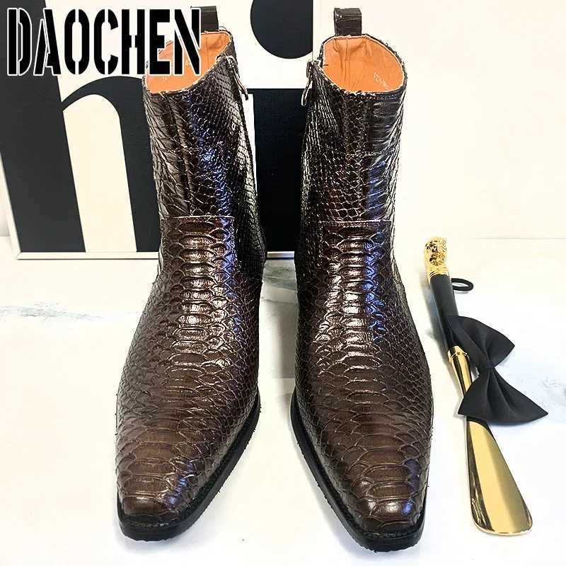 Luxury Men Mid-Calf Boots High Grade Python Print Shoes Casual Mens Dress Boots Winter Leather Chelsea Boots Shoes Men Z250303