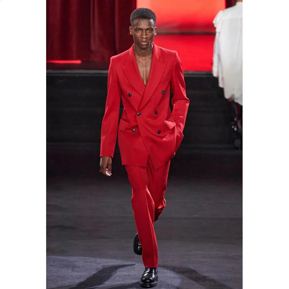 Red Men Suit TwopiecesJacketPants Handsome Highquality Double Breasted Lapel Male Clothing costume homme 250224Z