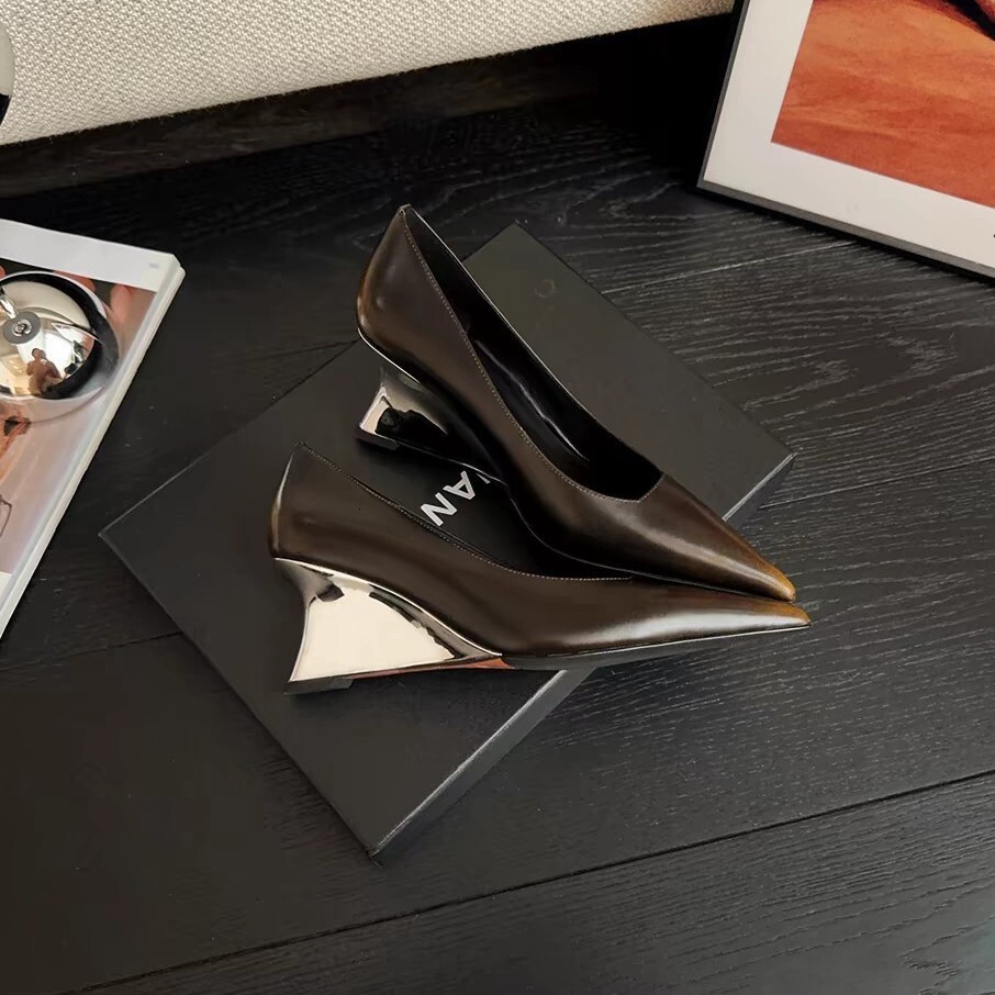 Lily liver French style socialite polished single women's 2024 new pointed toe wedge shallow mouth heel shoes