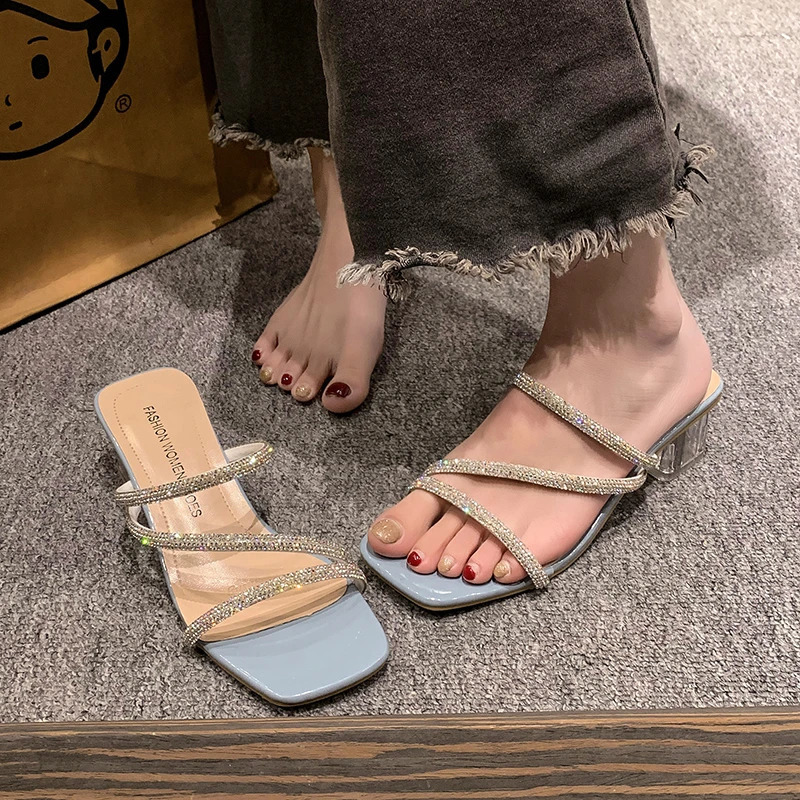 Diamond sandals womens shoes summer trend square toe crystal heel slider simple shiny skiing vacation 250228