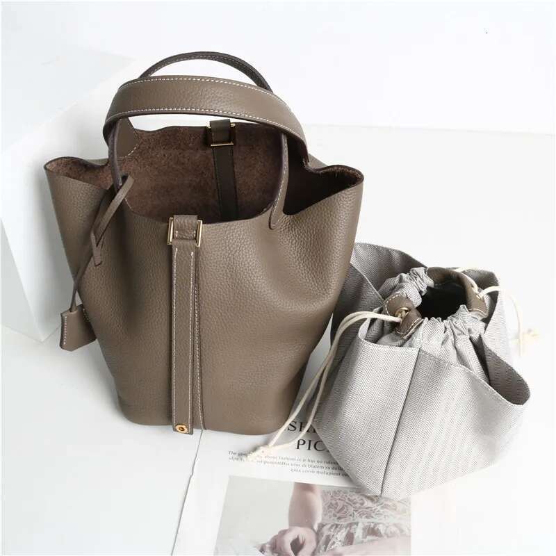 New Women's Basket Genuine Leather Underarm One-Shoulder Handbag Small Tote Inside Crossbody Bucket Bag