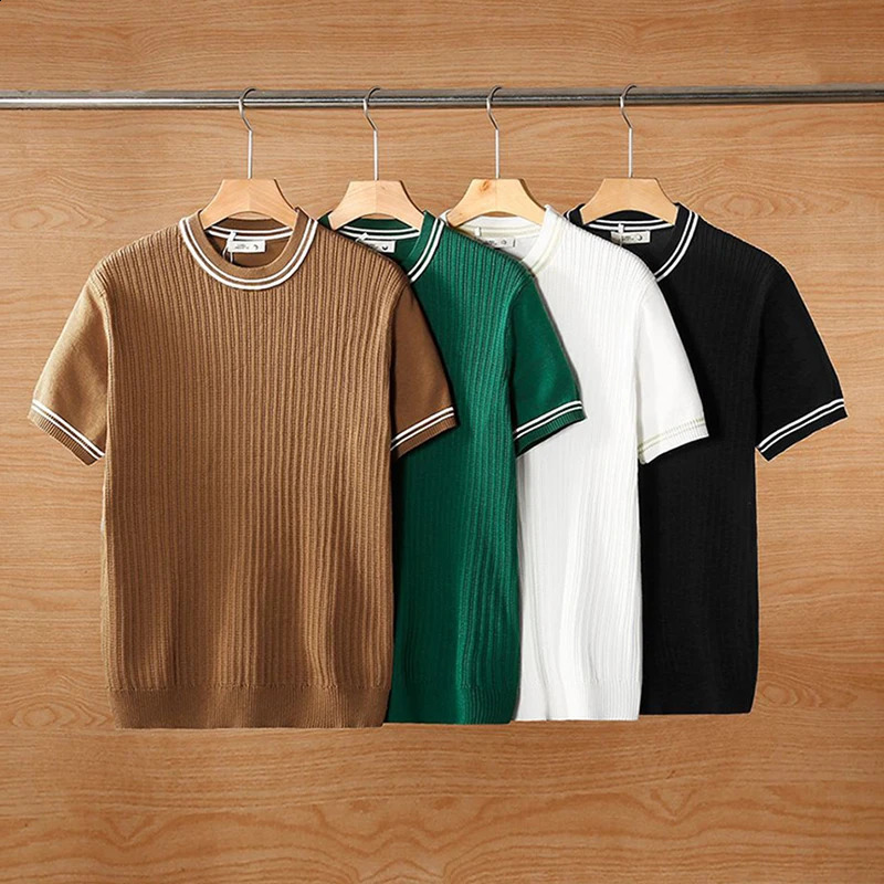 Fashionable Mens Slim Knit T Shirts Spring Summer Casual Short Sleeve Crew Neck Striped Knitted T-shirt For Men Knit Jumper 250224