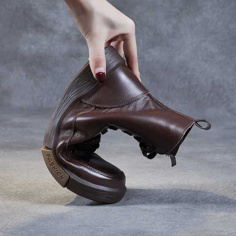 DRKANOL Women Genuine Leather Short Boots Round Toe Genuine Leather Handmade Street Style Winter Warm Flats Ankle Boots Z250303