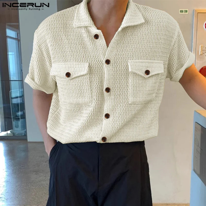 Stylish Streetwear Style Tops INCERUN Mens Mesh Hollow Double Pocket Shirts Casual Solid Short Sleeved Blouse S-5XL 250224