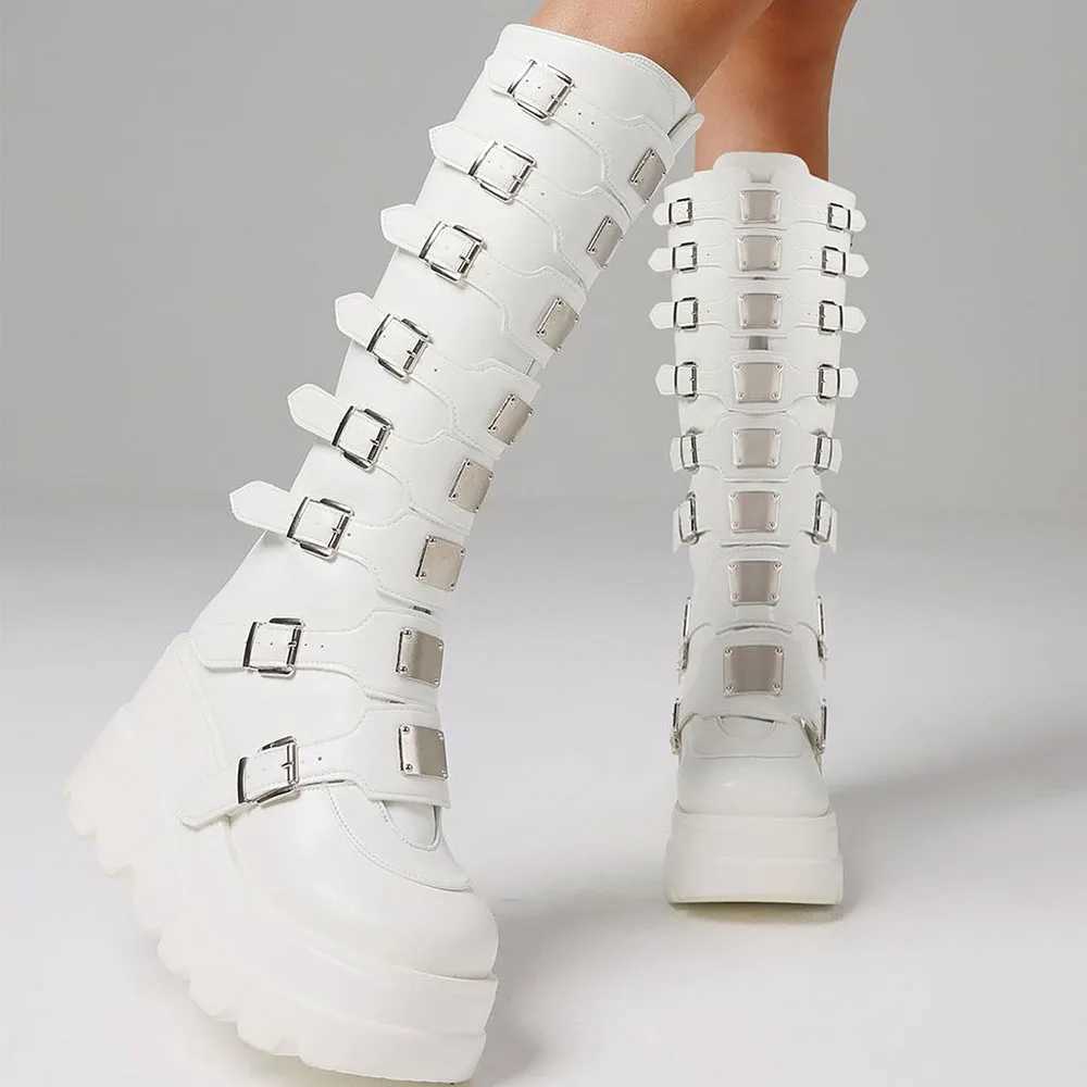 Punk Gothic Womens Knee High Boots Round Toes Multi metal Buckle Zipper Motorcycle Boots Nightclub Christmas Shoes Z250303