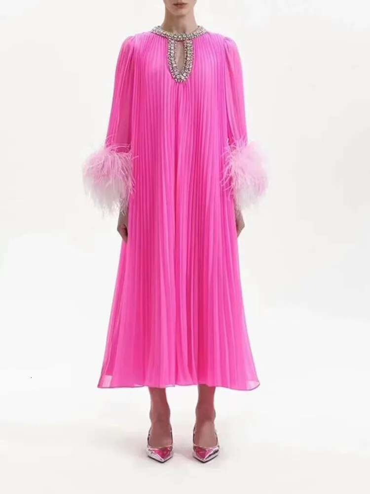 LANMREM 2025 Spring New Women's Dress Dias Spliced Collar Feather Design Sleeves Long Dresses Elegant Clothing 32C1914