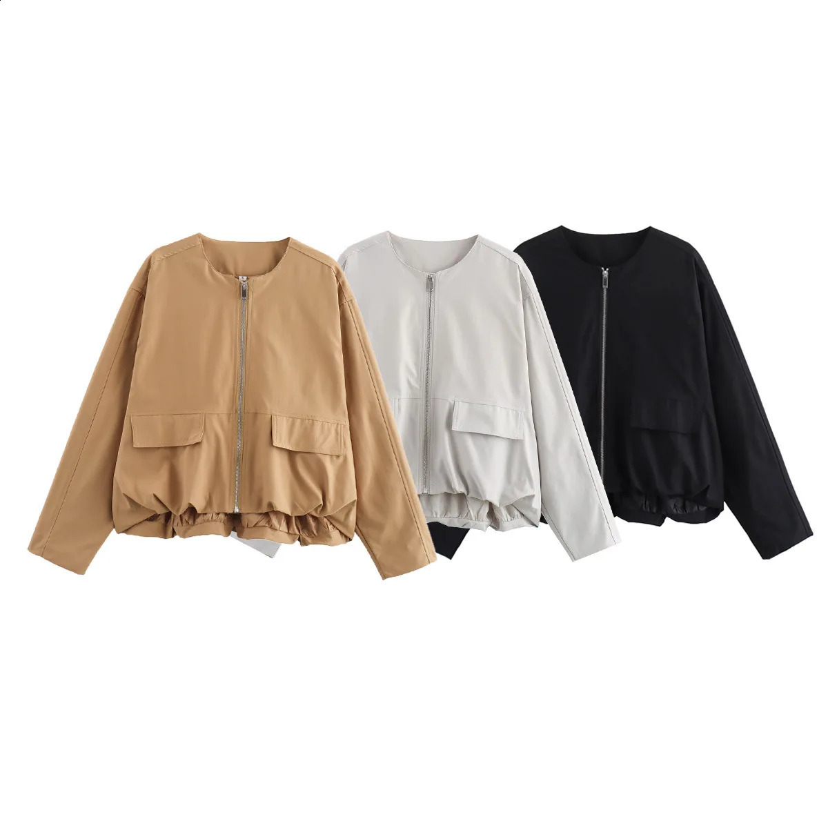 Womens fashion casual plus size round neck windproof jacket top 250228