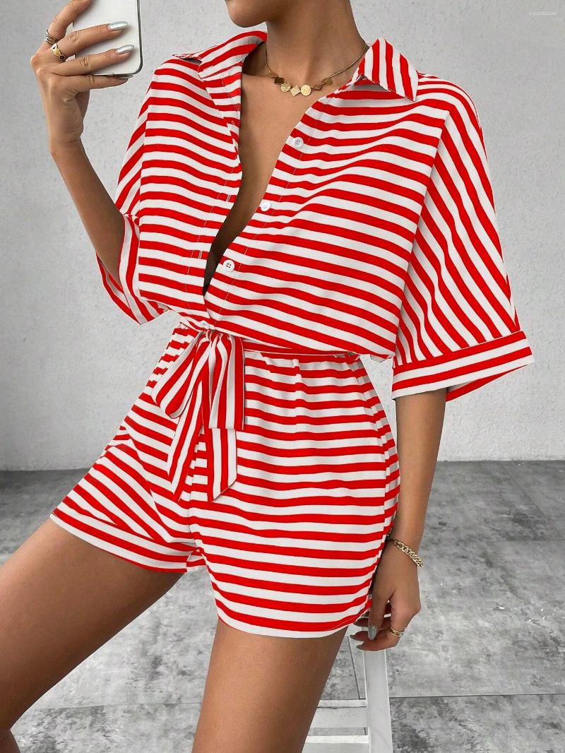 Women's Tracksuits Summer Set For Casual Loose Comfortable Outfit Fashion Striped Batwing Sleeve Shirt Top Shorts 2-piece Sets Woman