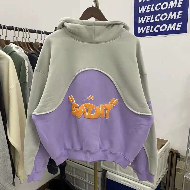 24Fw Best Quality 450Gsm Ing Patchwork Saint Hoodie Hooded Men Women Streetwear Foam Color Blocking Pullovers